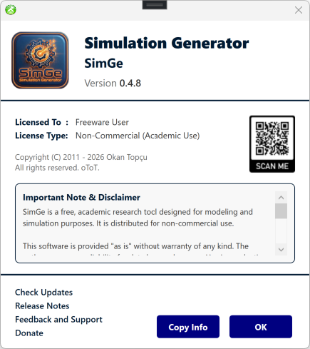 The SimGe About dialog showing the application name, version, and copyright