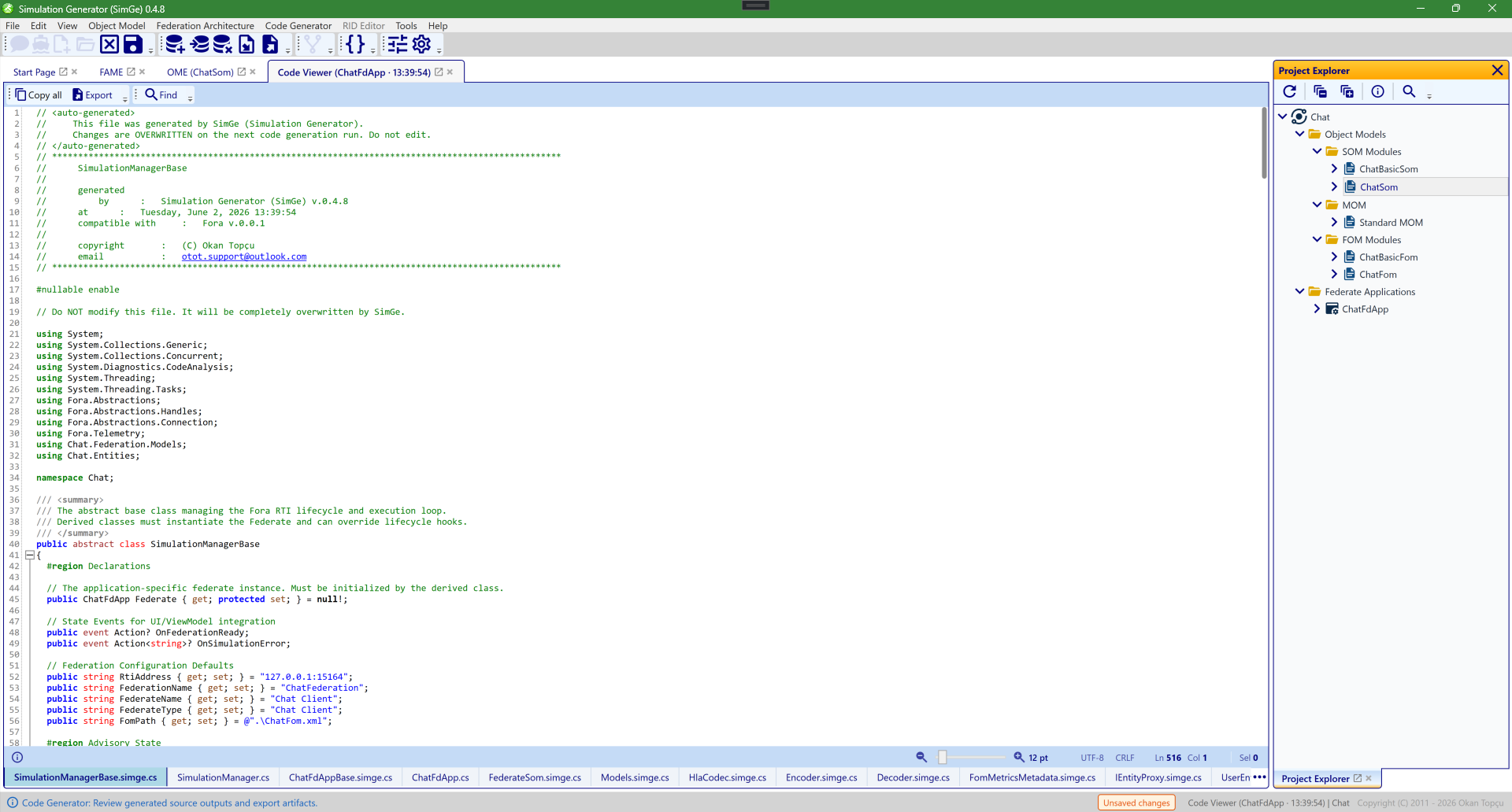 The generated-code viewer showing a federate's generated C# source, with one tab per generated file