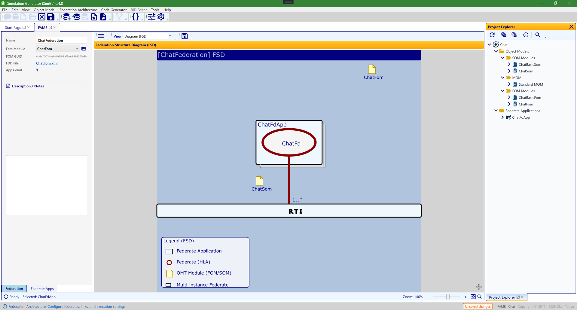 The FAME workspace: the Federation Structure Diagram in the center with the properties pane for the federation and federate applications
