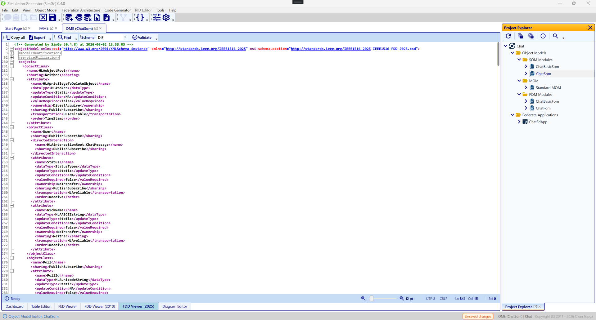 The FDD viewer showing the generated IEEE 1516-2025 FDD document with copy, export, and validate controls