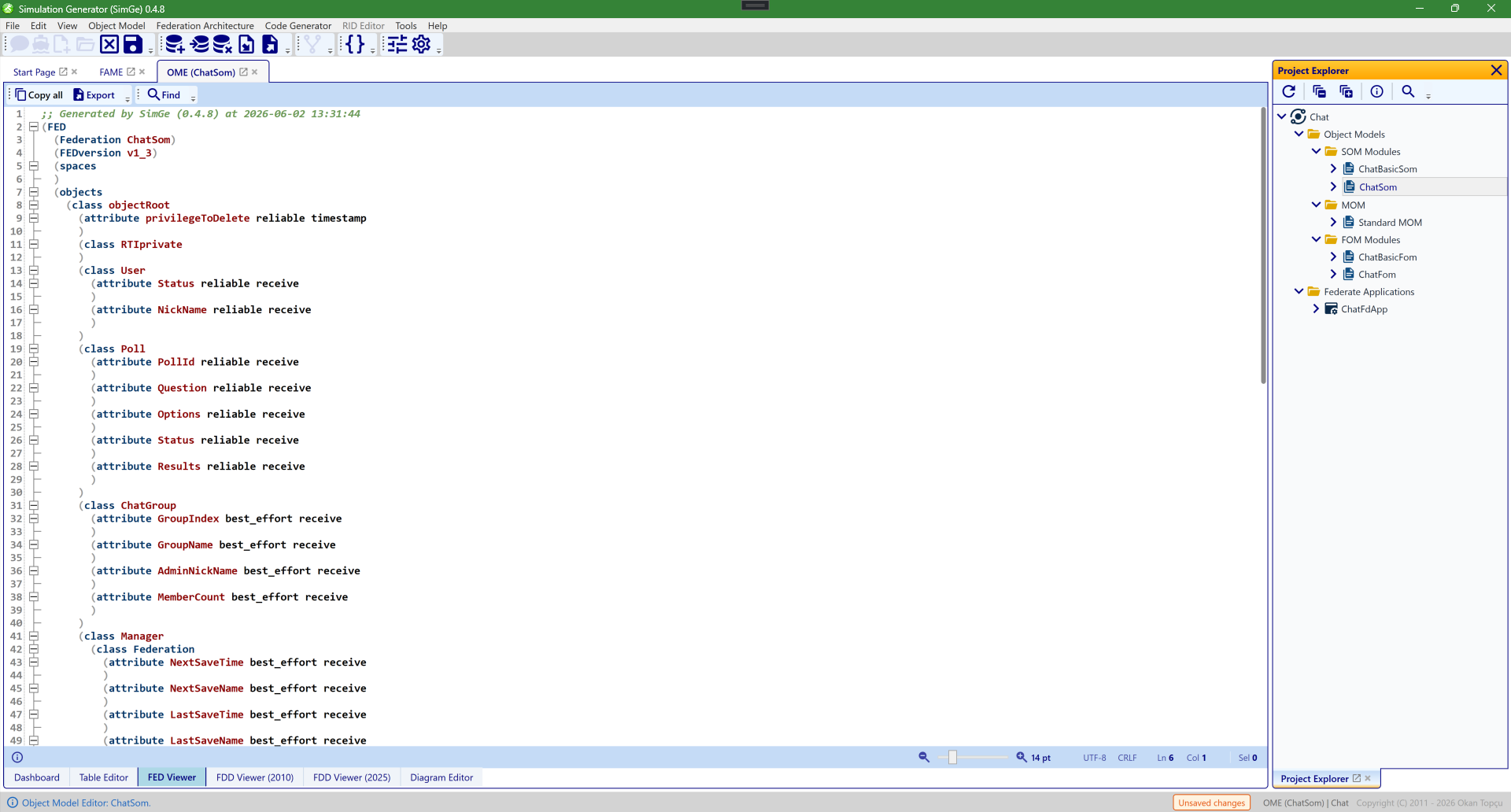 The FED viewer showing the generated HLA 1.3 FED document with copy and export controls