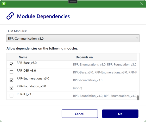 The Module Dependencies tool, where a module's dependencies on other modules are selected