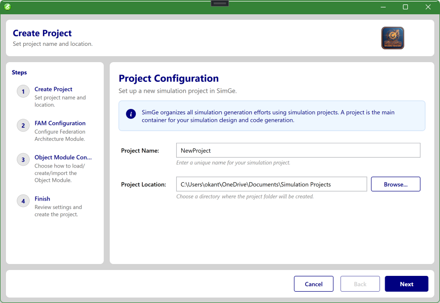 The New Project wizard with its four steps and the current step's form