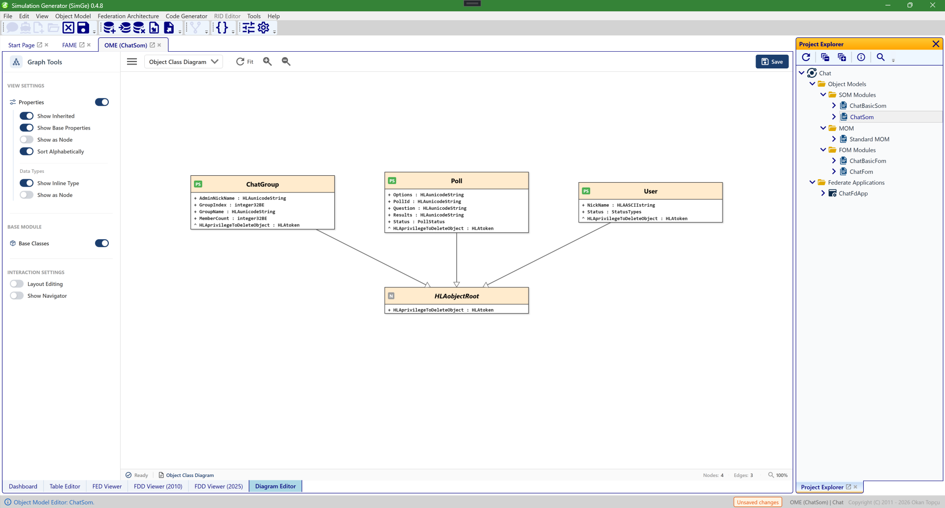 The OME Diagram Editor showing the object class hierarchy as a UML-style class diagram