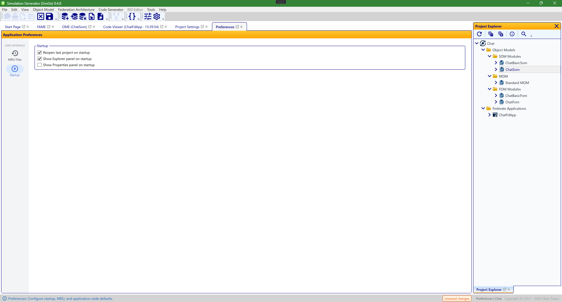 The Preferences window with the Startup section selected