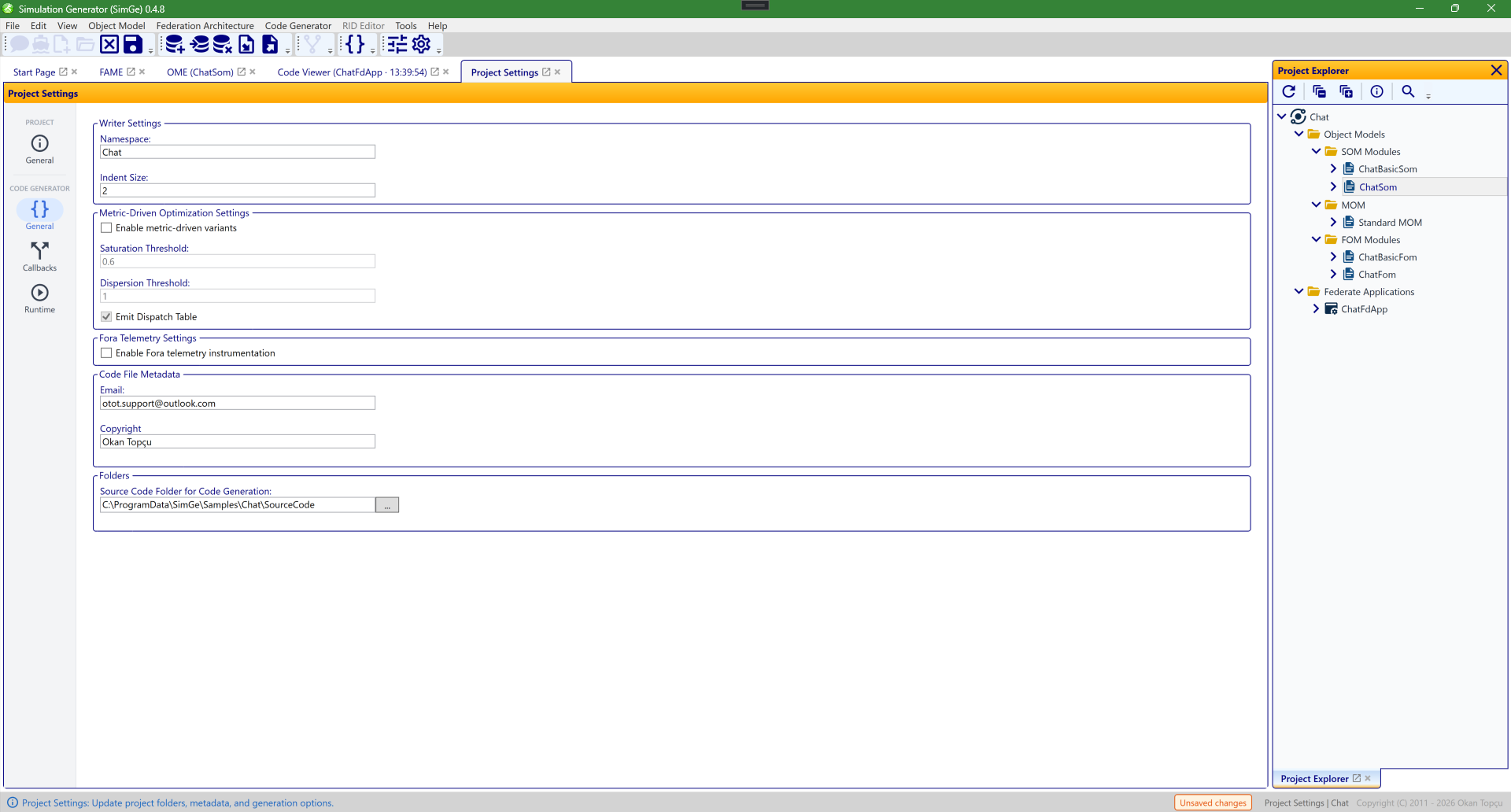 The Code Generator settings page within the project settings