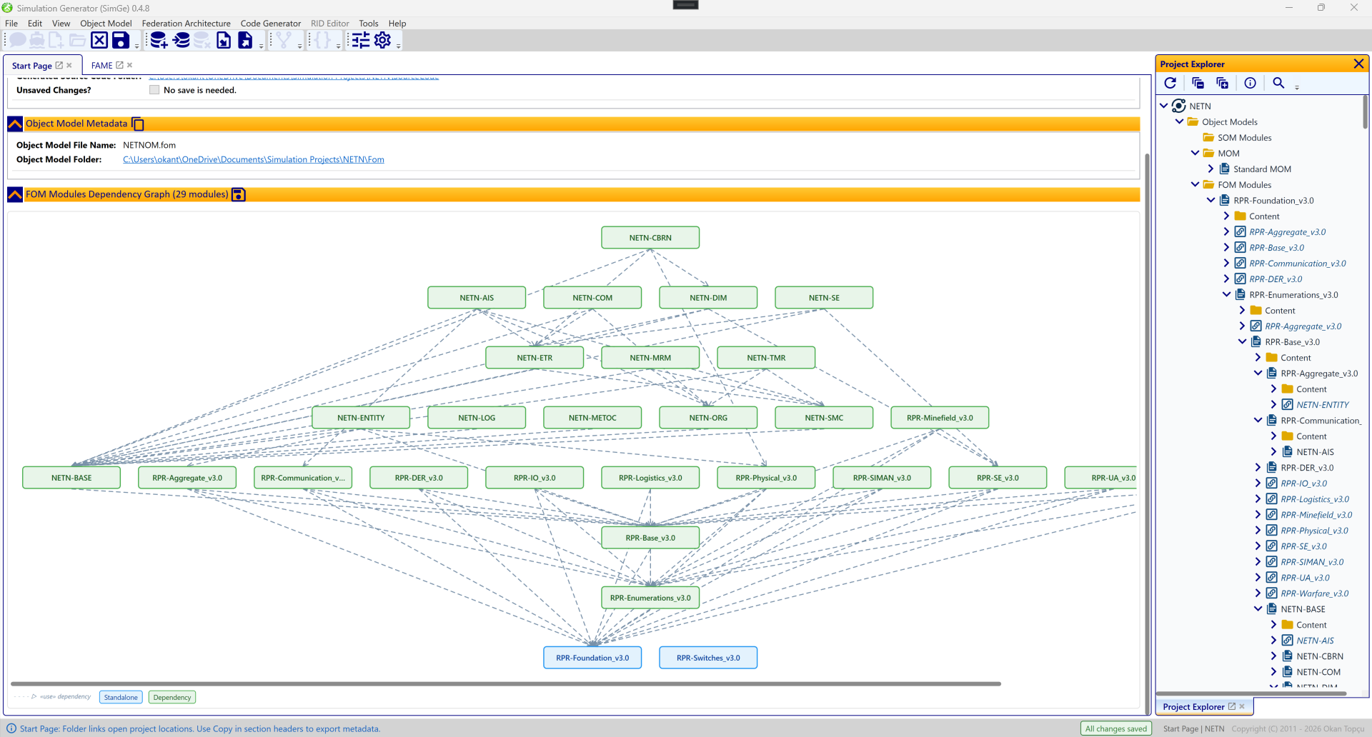 The SimGe Start Page: project and object-model metadata panels above the FOM Modules Dependency Graph