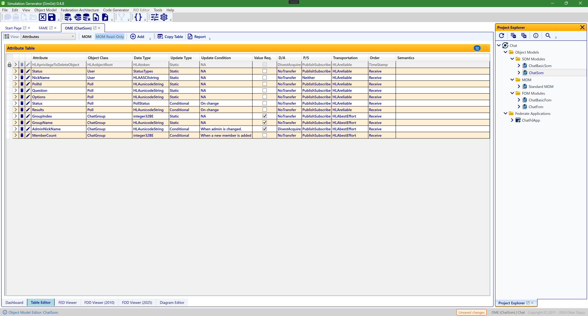 The OME table editor showing an OMT table with its rows and the editing toolbar