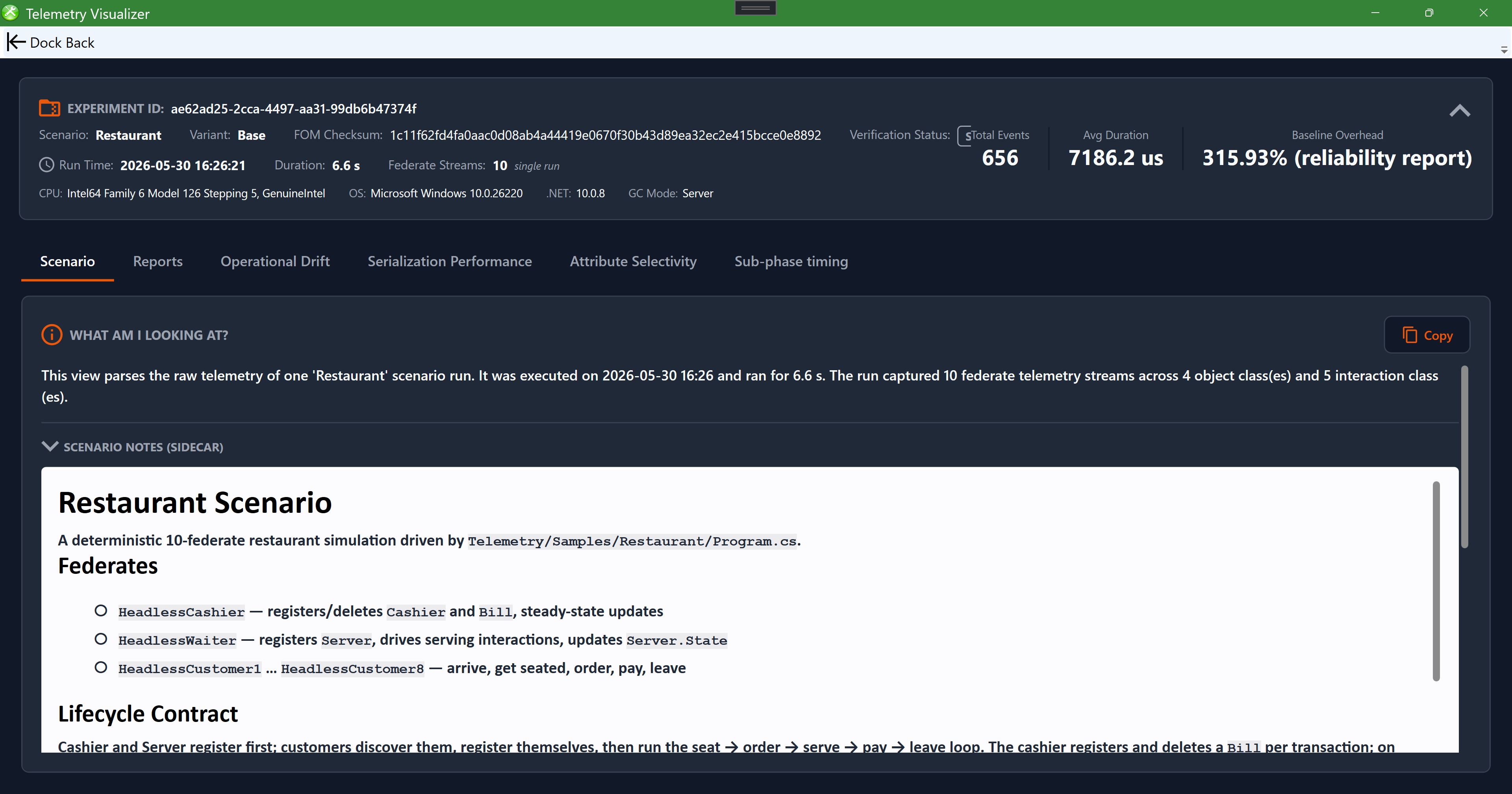 The Telemetry Visualizer Scenario tab summarizing the run, federate roster, and class inventory