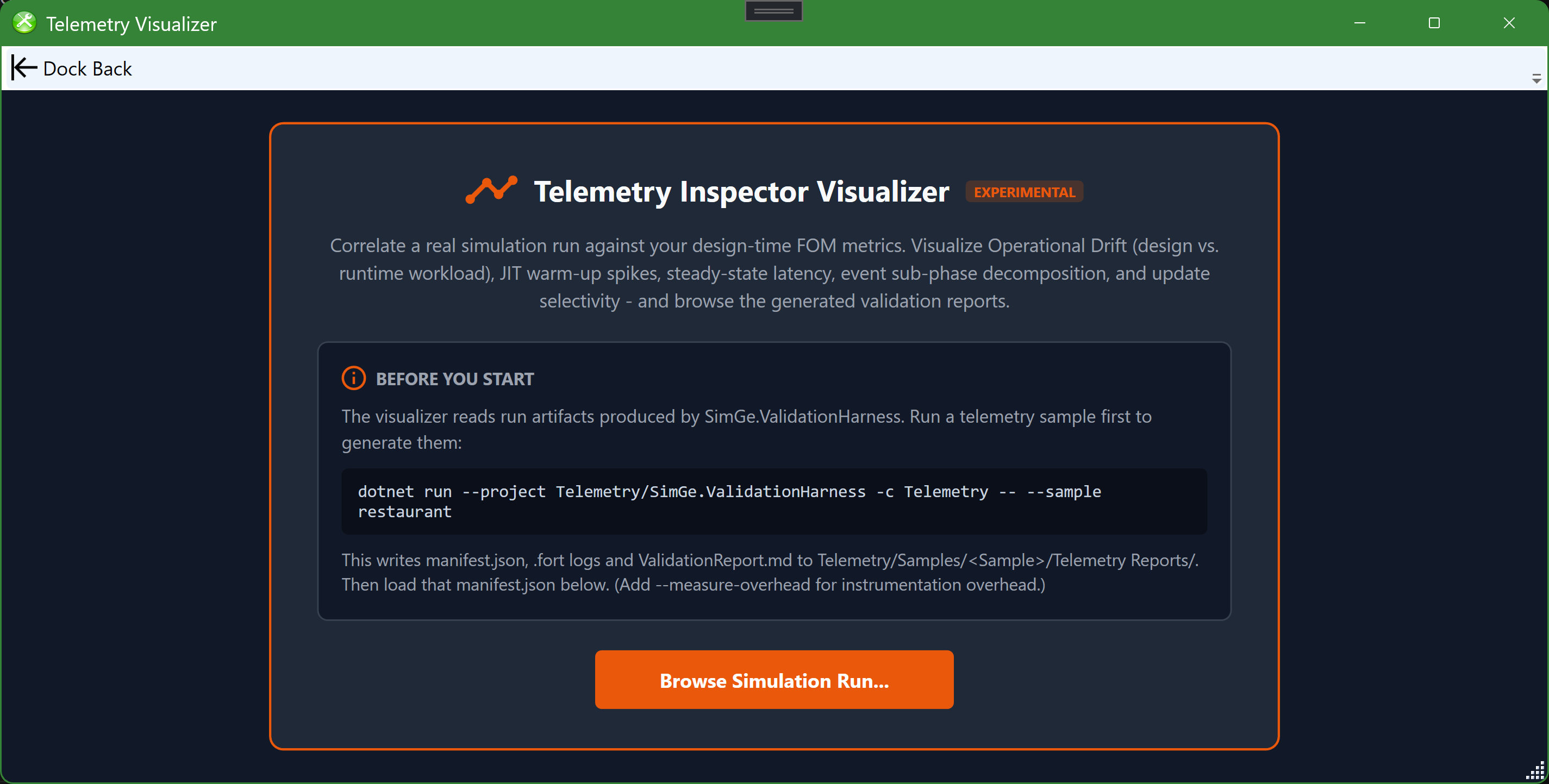 The Telemetry Visualizer landing screen explaining its purpose and how to load a run