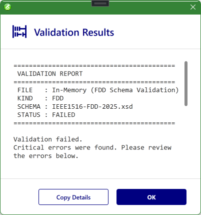 The FDD validation results window listing schema findings for the validated document